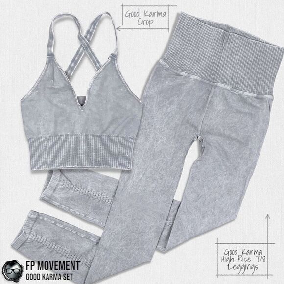 FP MOVEMENT GOOD KARMA SET: CROP TANK/V NECK BRA + HIGH RISE LEGGINGS ICE GREY - Picture 1 of 16